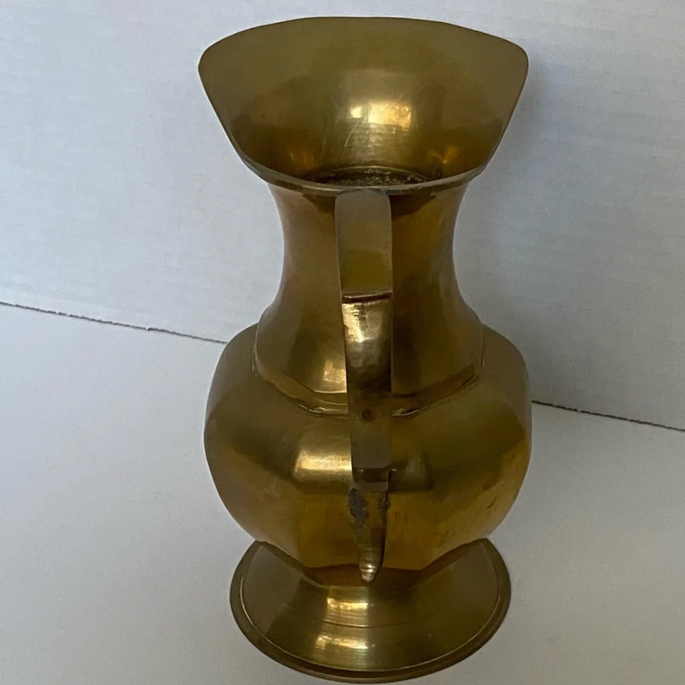 Vintage Solid Brass Pitcher Jug Vase Pretty Handle 6.5” Tall